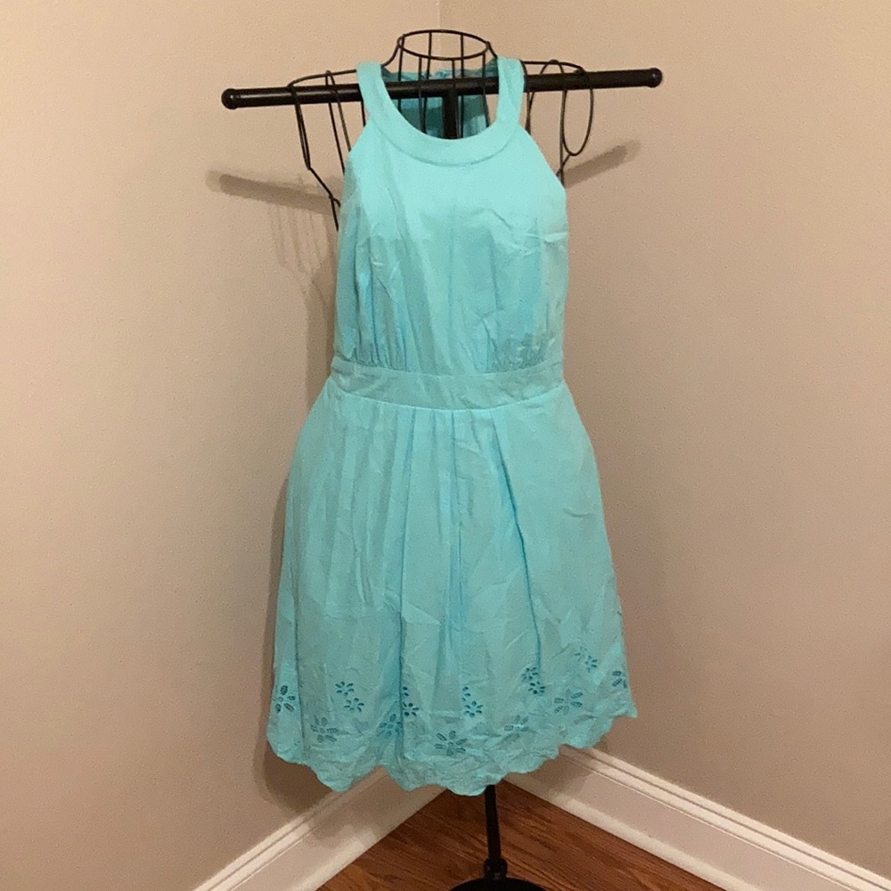 Aqua dress with embroidered trim